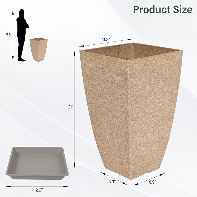 Neoaider Set of 2 Tall Planter, 21 inch Large Plastic Planter, Marble | Ceramic-Look, Lightweight, Built-in Drain Hole, Saucers, Tall Outdoor Planter for Porch, Garden, Patio, Balcony