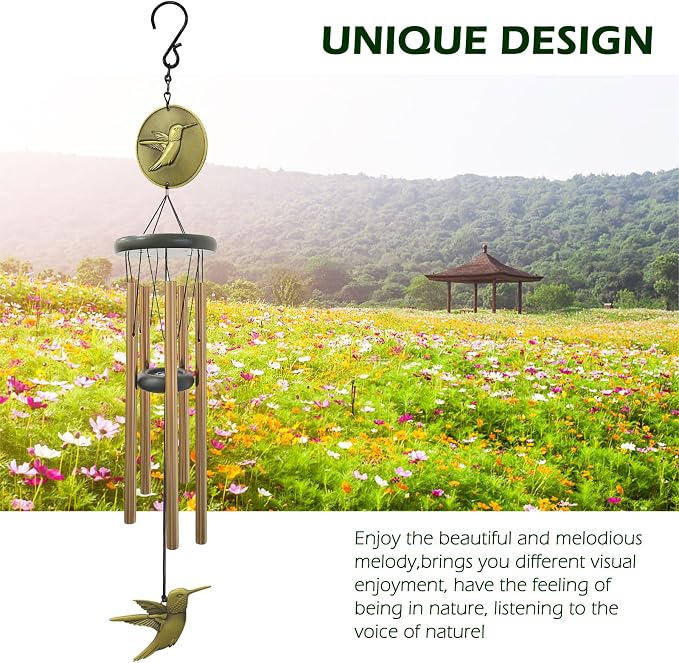 Hummingbird Wind Chimes for Outside,32 "Memorial Outdoor Wind Chime Create a Zen Atmospherer,Hummingbird Gift for Women Mother Father Christmas,Home Garden Patio Yard Decor(Bronze)