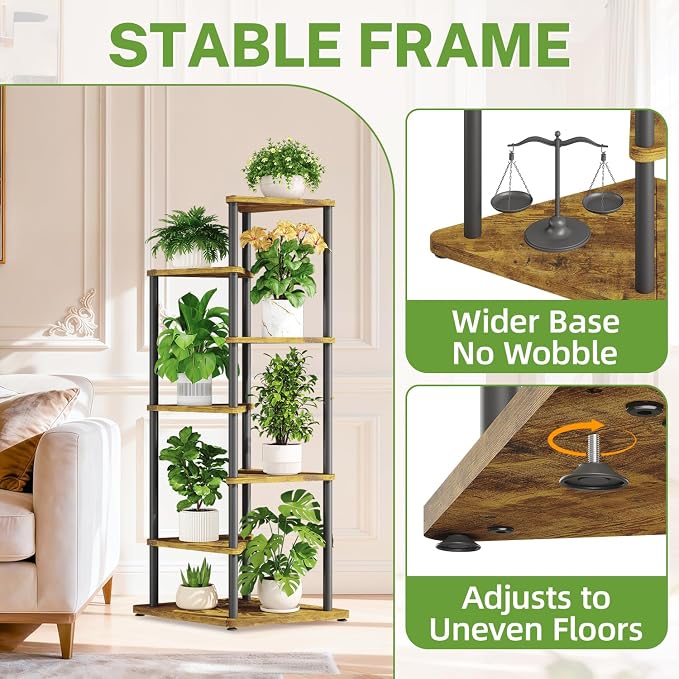 iDavosic.ly Tall Plant Stand with Grow Lights for Large & Heavy Duty Planters, 6 Tier Indoor Corner Flower Shelf with Wooden Trays & Metal Frame, Orchid Rack for Living Room Balcony, Black & Brown