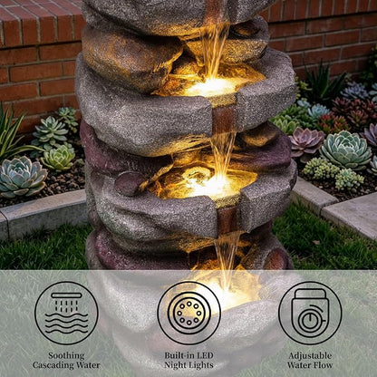 38.9" H Large Outdoor Fountain, 5-Tier Cascading Rock Waterfall Fountain with LED Lights, Freestanding Water Feature for Garden Patio Backyard Porch Decor