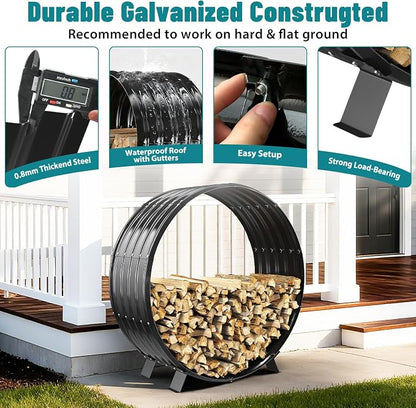 Round Heavy Duty Firewood Rack – Galvanized Wave-Shaped Steel with 4 Sturdy Legs – 0.8mm Thick Black Coated – Indoor or Outdoor Wood Holder for Fireplace,Patio & Deck Fire Pit (3.3FT Diameter)