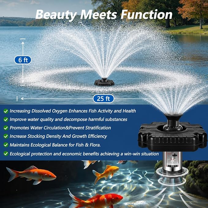 Pond Fountain Aerator, 1HP 110V 750W Floating Pond Fountain, With 100 FT Power Cord，Waterproof Timer，2x100 FT Traction Rope，Floating Water Fountains for Ponds