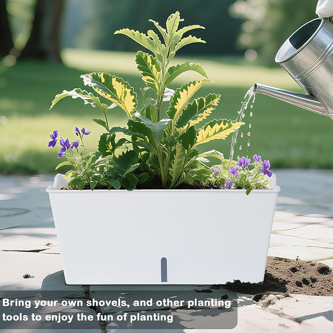Window Box Planter 6 Pcs, 16.5 Inches Self Watering Rectangle Flower Plant Pots with Drainage Holes Trays, Vegetable Planters for Windowsill Patio Garden Balcony Porch Yard (White)