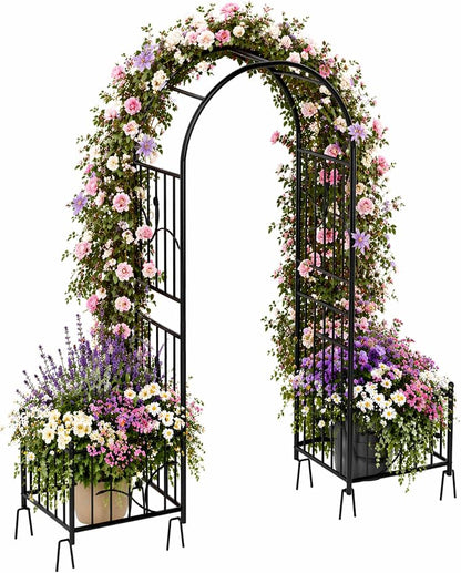 76" W x 86" H Black Metal Garden Arbor with Planter Boxes | Wedding Archway for Climbing Plants and Outdoor Ceremonies, Ideal for Lawn, Patio, Garden, or Backyard Decor