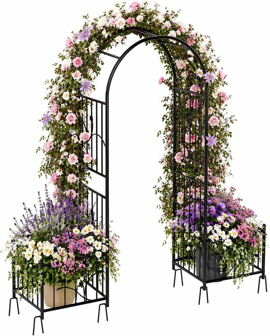 76" W x 86" H Black Metal Garden Arbor with Planter Boxes | Wedding Archway for Climbing Plants and Outdoor Ceremonies, Ideal for Lawn, Patio, Garden, or Backyard Decor