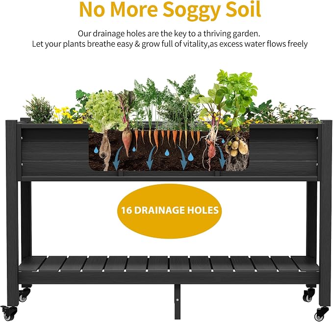 DWVO 47x18x31in Raised Garden Bed Outdoor HDPE with Legs and Lockable Wheels, Weather-Resistant Poly-Wood Elevated Planter Box, Double Tier Planters for Backyard Patio Balcony, Black