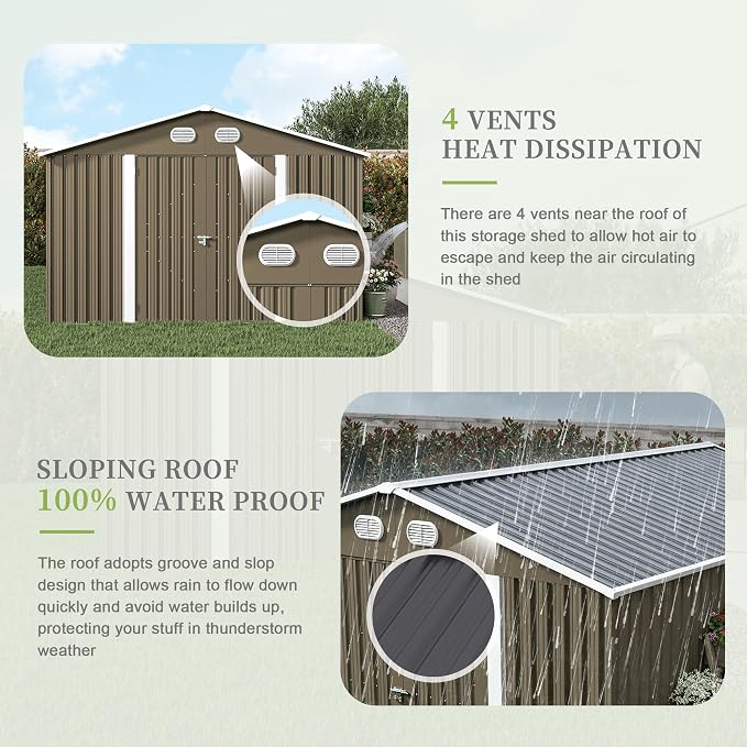 YOPTO 12X10 FT Metal Outdoor Storage Shed W/Flower Pot Stand,Brown | 3 Lockable Doors,Air Vent,Sloped Roof,Reinforced Structure,Waterproof Outdoor Shed for Garden,Patio,Backyard,Lawn