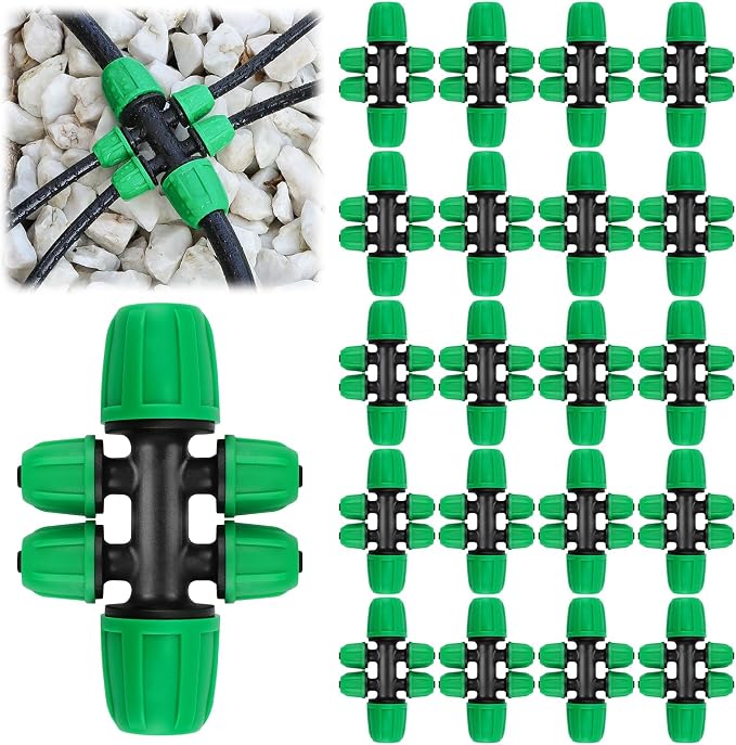 Kalolary 20PCS Locked Barbed Tee Connectors, 5/16" to 1/4" Drip Irrigation Fittings Kit 8/12mm to 4/7mm Tube Lock Female Connector 6-Way Barbed Lock Irrigation Parts for Watering System (Green)