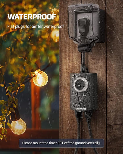 DEWENWILS Light Timer Outdoor Weatherproof, Outdoor Timer for Light, Heavy Duty 2-Prong Grounded Outlet, Dusk to Dawn and 2/4/6/8 Countdown for String Light, UL Listed, Black