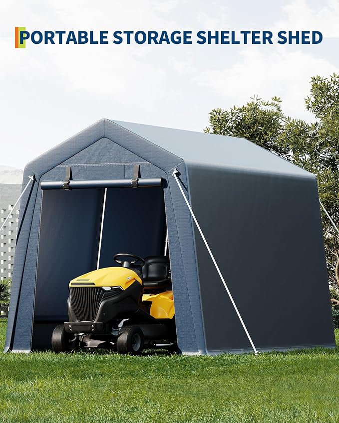 7x12 ft Outdoor Storage Shed, Portable Carport with Roll-up Ventilated Zipper Door and Windows, Heavy Duty Waterproof Tarp, Storage Sheds for Motorcycle, Bike, Firewood, Garden Tools