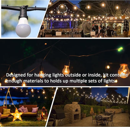 String Light Hanging Kit, All-Black Globe String Lights Suspension Kit w/ 100FT PVC Coated Steel Cable & Enough Accessories, Guide Wire for Outdoor String Light, Patio Light, Camping Light