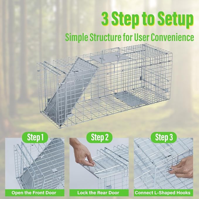 Humane Way Folding 32 Inch Live Humane Animal Trap - Safe Traps for All Animals - Raccoons, Cats, Groundhogs, Opossums - 32" L x 10.2" W x 12.2" H