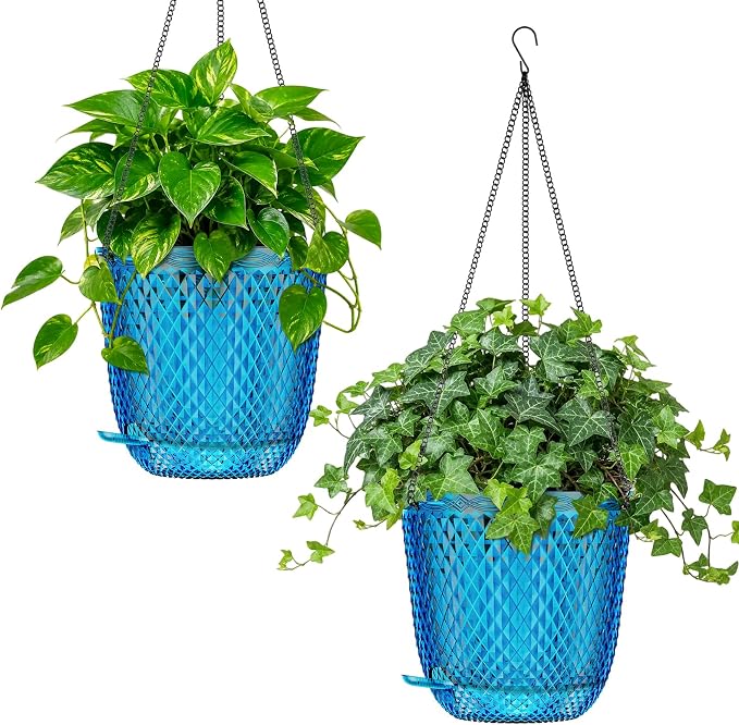 QCQHDU 7.2 Inch 2 Pack Hanging Planters for Indoor Outdoor Plants,Self Watering Flower Pots Hanging Basket,Plastic Plant Hanger with Drainage Holes and 3 Hooks for Window Porch Garden Balcony, (Blue)