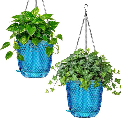 QCQHDU 7.2 Inch 2 Pack Hanging Planters for Indoor Outdoor Plants,Self Watering Flower Pots Hanging Basket,Plastic Plant Hanger with Drainage Holes and 3 Hooks for Window Porch Garden Balcony, (Blue)
