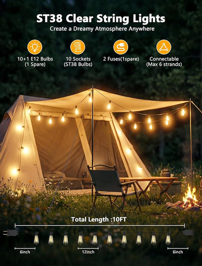 10FT ST38 Outdoor Edison String Lights with11 Clear Vintage Light Bulbs | Clear Glass ST38 Bulbs, Warm Vintage Glow, E12 base, UL-listed cord and End-to-End Connection for Porch Patio Decor