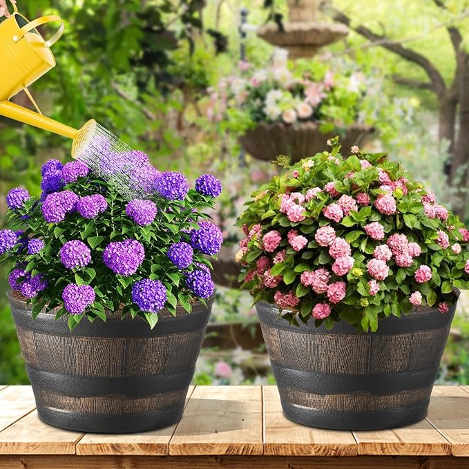 YI 4 Pack Whiskey Barrel Garden Planters 13” Rustic Oak Resin Planter for Indoor & Outdoor Plant Flower Pot