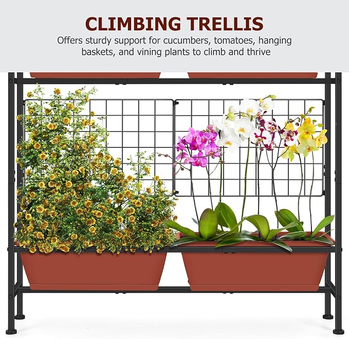 OYEAL Raised Garden Beds with Legs & Trellis, 32" Tall Herb Garden Planters for Indoor/Outdoor Plants, Vertical Elevated Flower Box for Backyard, Porch, Patio, Balcony, Red
