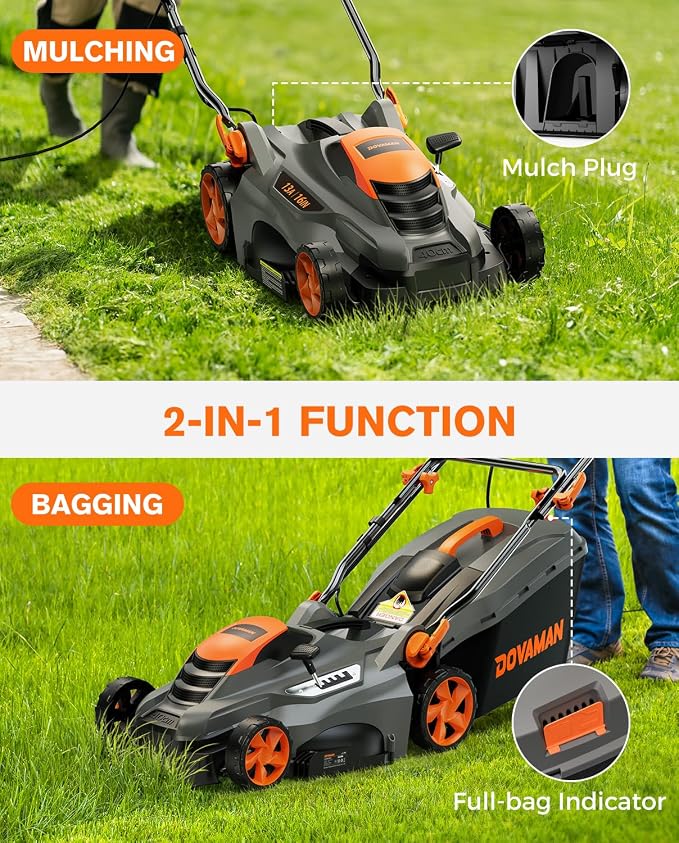 DOVAMAN 13Amp 16" Lawn Mower, 98% Collection, 13.2-Gallon Bag, 5-Position Height Adjustment, 3-Step Quick Vertical Fold Storage, 2-in-1 Mulching & Bagging, Corded Lawn Mower for Your Garden