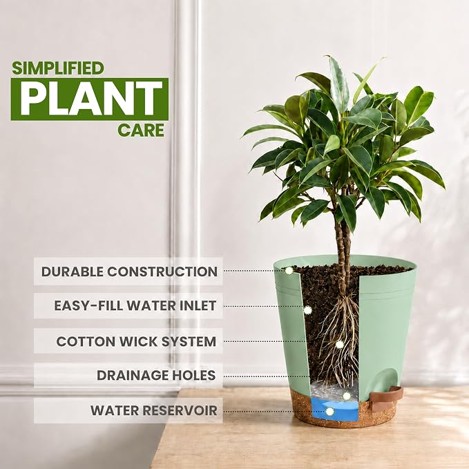 Utopia Home Self Watering Pots for Indoor Plants, Planters for Indoor Plants, Multi-Size Flowerpot, Set of 5 Plant Pots with Drainage & Reservoir, 6.8"/6.4"/5.9"/5.5"/4.9" (Olive Green)