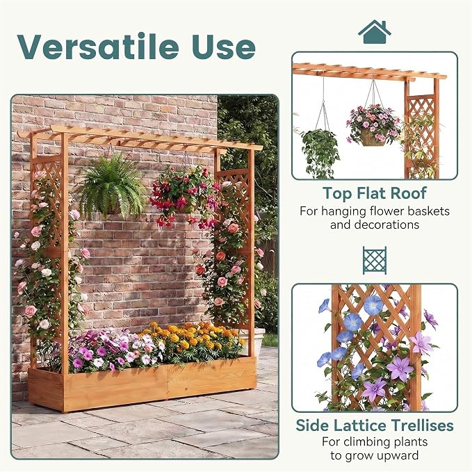 HAPPYGRILL Raised Garden Bed with Trellis, Freestanding Wood Planter Box w/Hanging Roof & Drainage Holes for Vine, Climbing Plants, Flowers, Outdoor Planter with Trellis for Garden, Patio, Yard (1)