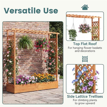 HAPPYGRILL Raised Garden Bed with Trellis, Freestanding Wood Planter Box w/Hanging Roof & Drainage Holes for Vine, Climbing Plants, Flowers, Outdoor Planter with Trellis for Garden, Patio, Yard (1)