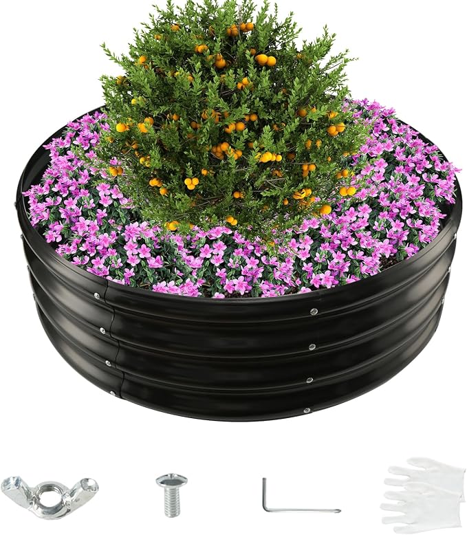 12 Inch Tall 36 Inch Diameter Round Black Raised Garden Bed Kits Outdoor | 1 FT Tall,3 FT Planter Bed for Flowers,Herbs,Vegetables,Trees,0.8MM Thick Galvanized Metal Painted,with Gloves,Tool free