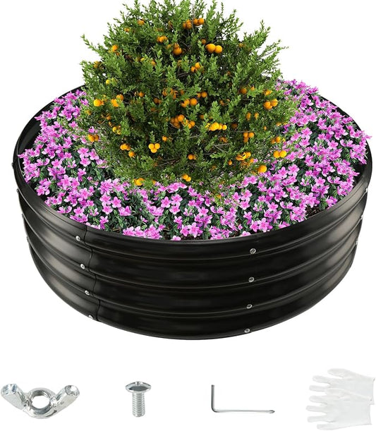 12 Inch Tall 36 Inch Diameter Round Black Raised Garden Bed Kits Outdoor | 1 FT Tall,3 FT Planter Bed for Flowers,Herbs,Vegetables,Trees,0.8MM Thick Galvanized Metal Painted,with Gloves,Tool free