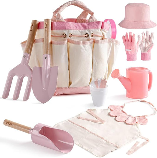 ROBUD Kid Gardening Set, Wooden Garden Tool for Kid, Garden Tool Kit with Tool Storage Bag, Apron, Gloves, Montessori Toys for Kids to be Closed to Nature, WRP51