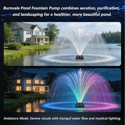 Pond Fountain Aerator, 1HP 110V 750W Floating Pond Fountain, With4 RGB Lights，100 FT Power Cord，Waterproof Timer，2x100 FT Traction Rope，Floating Water Fountains for Ponds