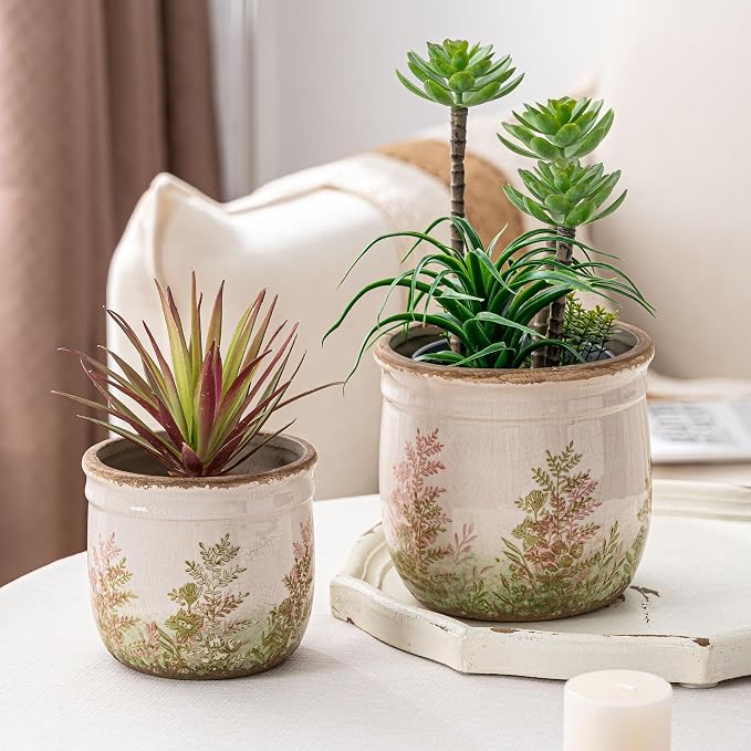SURE YUESI Ceramic Plant Pots Set of 2, 4.7+5.7 Inch Vintage Indoor Planters with Drainage Hole, Farmhouse Ceramic Flower Pots for Indoor Plants, Rustic Cottage Decor for Home Kitchen Garden, Pink