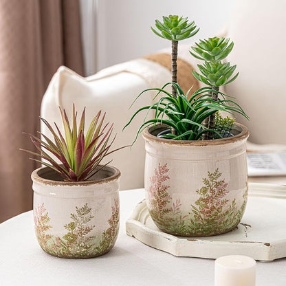 SURE YUESI Ceramic Plant Pots Set of 2, 4.7+5.7 Inch Vintage Indoor Planters with Drainage Hole, Farmhouse Ceramic Flower Pots for Indoor Plants, Rustic Cottage Decor for Home Kitchen Garden, Pink