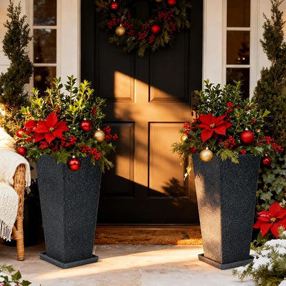 Autodaya 28" Tall Planters Set of 2 Black Terrazzo Plastic Flower Pots | Large Weather-Resistant Planters for Patio, Porch, Garden, Front Door, Indoor Spaces, and Christmas Decor