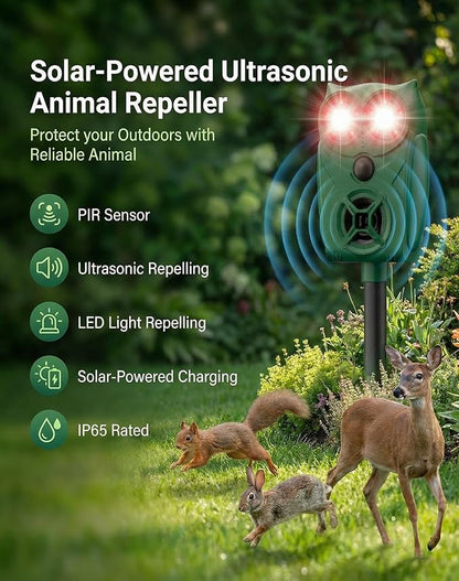 Solar Ultrasonic Animal Repeller with Motion Sensor, Deer Repellent Devices with LED Light, Waterproof Cat Repellent Outdoor, Dog Deterrent for Yard Garden to Repel Raccoon, Squirrel, Fox
