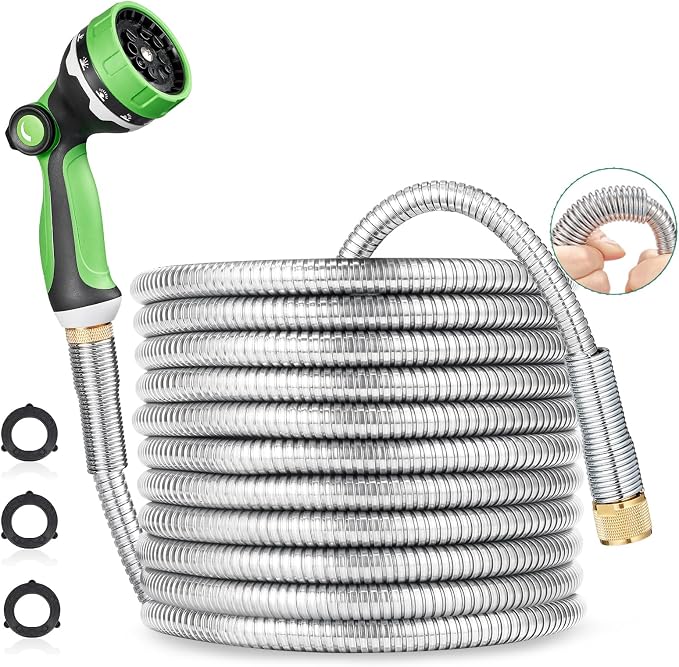 HOMEIDEAS 50 ft Leak-proof Stainless Steel Metal Garden Hose Set - Newly Premium SUS304 Spring Protective Sleeve, Anticorrosive 3/4" Brass Fittings - Perfect for Outdoor Watering