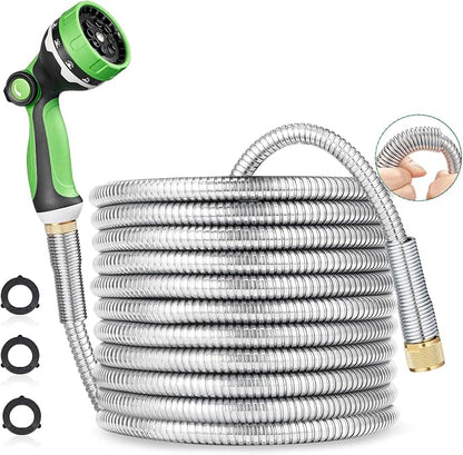 HOMEIDEAS 50 ft Leak-proof Stainless Steel Metal Garden Hose Set - Newly Premium SUS304 Spring Protective Sleeve, Anticorrosive 3/4" Brass Fittings - Perfect for Outdoor Watering