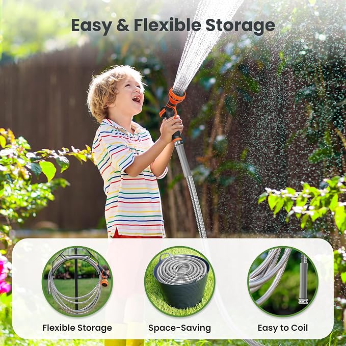 Giraffe Tools Garden Hose 50ft x 3/4", 304 Stainless Steel Metal Water Hose, No Kink Garden Water Hose with 9 Pattern Spray Nozzle, Flexible, Lightweight, Kink Free Hose for Yard, Outdoor