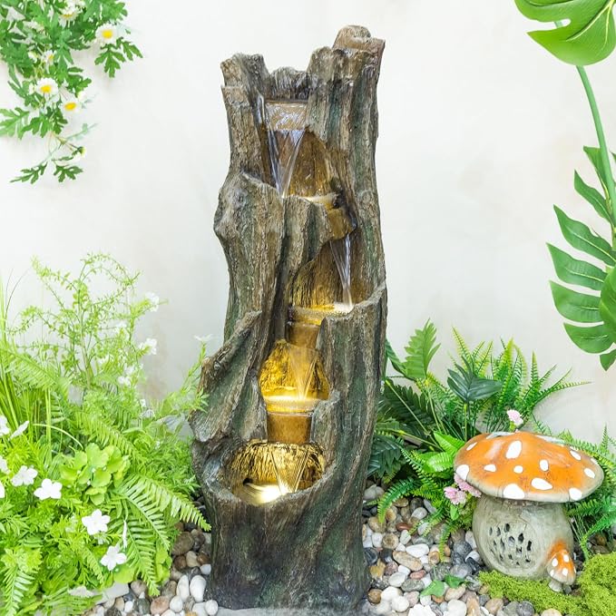 Outdoor Waterfall Fountain with LED Lights, Freestanding Tree Design Garden Water Feature, Fiberglass Resin Construction, Easy Setup for Patio Backyard Lawn Porch