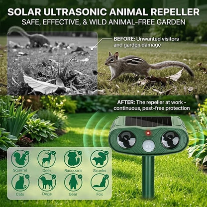 Solar Ultrasonic Animal Repeller Outdoor for Deer, Cats & Squirrels, 2 Pack | Sonic Fortress Pro Deer Repellent, IP65 Motion Activated Cat Deterrent to Scare Rabbit Raccoon for Garden Yard