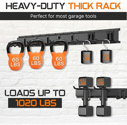 "96 Garage Tool Organizer Wall Mount - Heavy Duty 1020 lbs Metal Storage Rack, Easy Install Adjustable Hooks for Garden Tools Brooms
