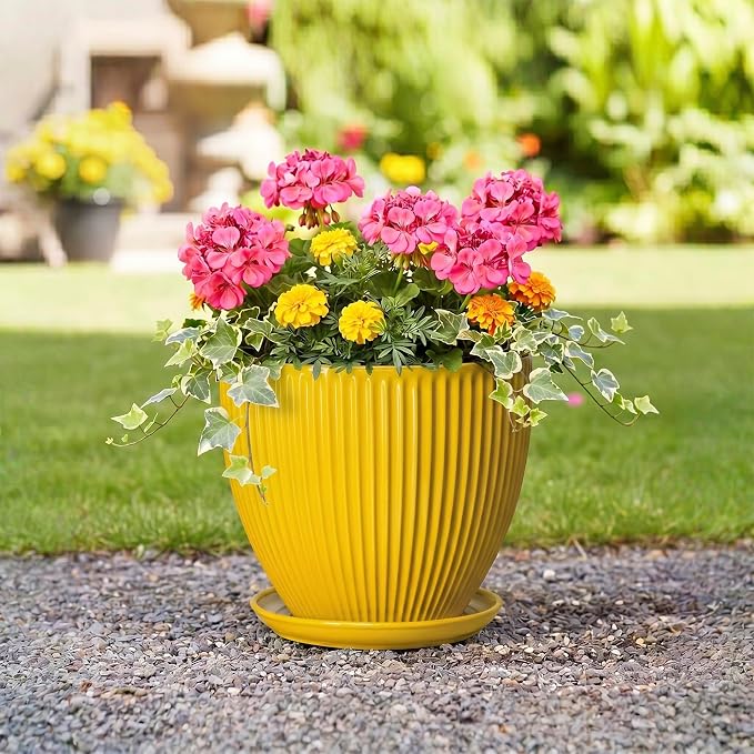 Ceramic Planters for Indoor Plants, 10 Inch Plant Pot Indoor with Drainage Hole and Saucer, Modern Large Flower Pots for Indoor Plants, Round Planter, Home Garden Decor, Gardening Gifts, Yellow