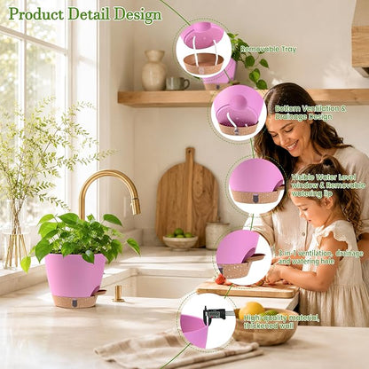 Self Watering Pots for Inoor Ourdoor Plants 10/9/8/7/6.5 Inch Plastic Planters with Drainage Holes & Water Level Indicator, Decorative House Flower Nursery Planting Pots with Saucers (Dusty Lavender)