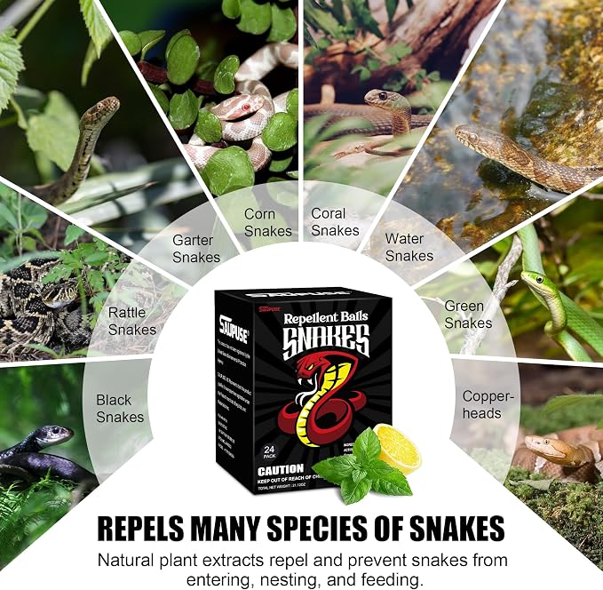 Snake Repellers For Outdoor And Patio Snake Repellent, Powerful And Natural Ingredients Snake Repellent Balls For Lawn, Garden, Fishing, Home, Camping Repel Snakes, Moths And Other Small Pests.24 Pack