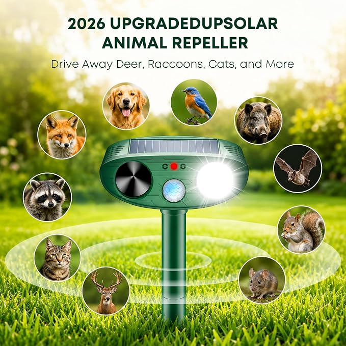 2026 Upgraded Solar Ultrasonic Animal Repeller Outdoor, Sonic Fortress Pro Deer Repellent with Motion, Waterproof,Cat Deterrent for Garden Yard, Squirrel Raccoon Skunk Rabbit Dog Bird (Green, 4-Pack)
