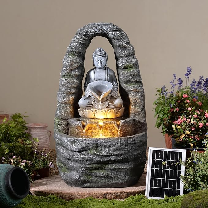 Buddha Solar Water Fountain Outdoor Garden, 27.2" H Cascading Zen Waterfall Solar Power Water Fountain with LED Lights for Backyard, Patio, Porch, Deck, Garden and Home Art Decor