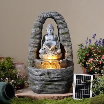 Buddha Solar Water Fountain Outdoor Garden, 27.2" H Cascading Zen Waterfall Solar Power Water Fountain with LED Lights for Backyard, Patio, Porch, Deck, Garden and Home Art Decor