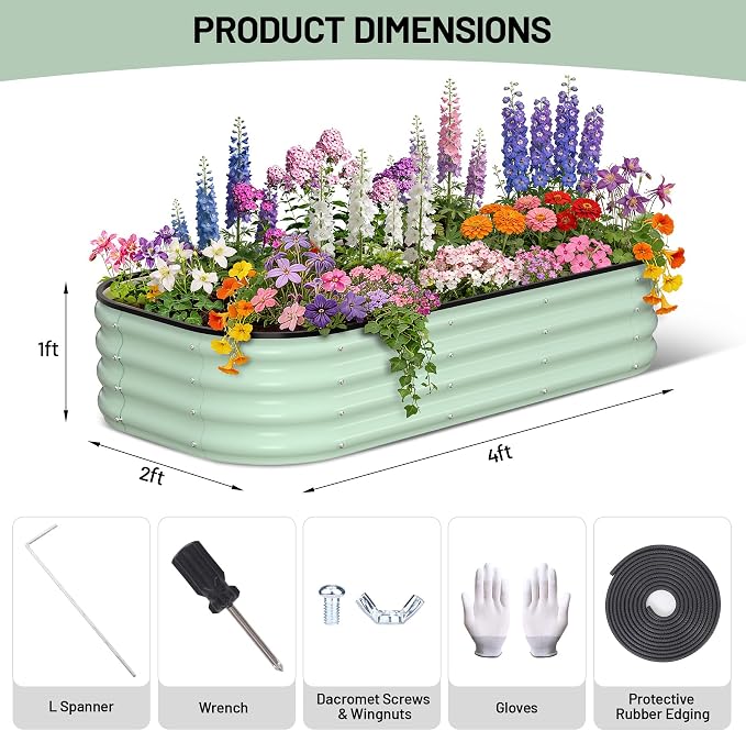 Garvee Galvanized Raised Garden Bed, 2Pcs Raised Garden Beds Outdoor, Rectangle Planter Raised Beds with Gloves and Rubber Edge Trim for Vegetables, Flowers and Herbs, 4x2x1 FT, Green