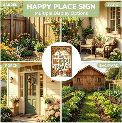 Funny Garden Metal Signs, Vintage Outdoor Wall Decor 8x12 Inch | This Is My Happy Place, Boho Weatherproof Aluminum Sign for Patio Yard Greenhouse, Gift For Gardeners