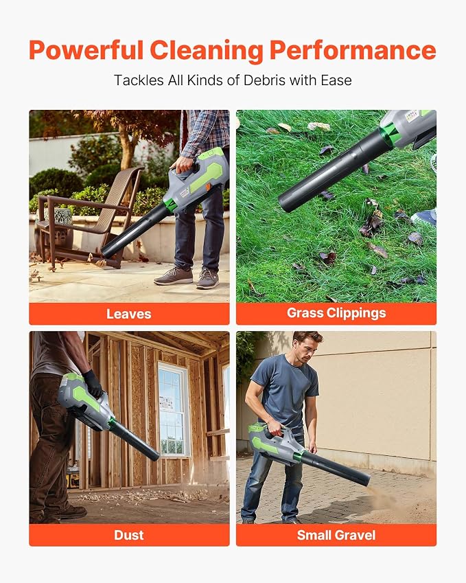 VEVOR 60V Cordless Leaf Blower with Brushless Motor, 650 CFM/125 MPH, Battery Powered Electric Leaf Blowers for Lawn Care with 5Ah Battery and Fast Charger, 3 Speed Control