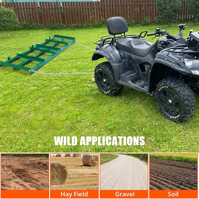 PioneerWorks 72" Width Driveway Drag, Drag Harrow Driveway, Grader Landscape Power Rake Leveling Tool, with 4FT Heavy Duty Chain, for ATV, UTV, Tractor, Mower, Tow Behind Yard Lawn