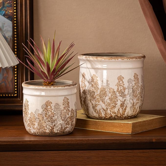 SURE YUESI Ceramic Plant Pots Set of 2, 4.7+5.7 Inch Vintage Indoor Planters with Drainage Hole, Farmhouse Ceramic Flower Pots for Indoor Plants, Rustic Cottage Decor for Home Kitchen Garden, Brown